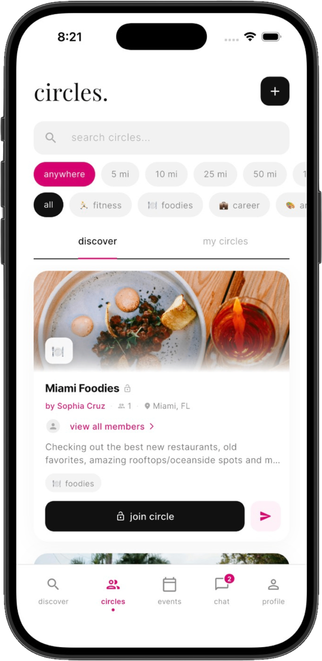Dear Bestie circles screen showing interest-based groups