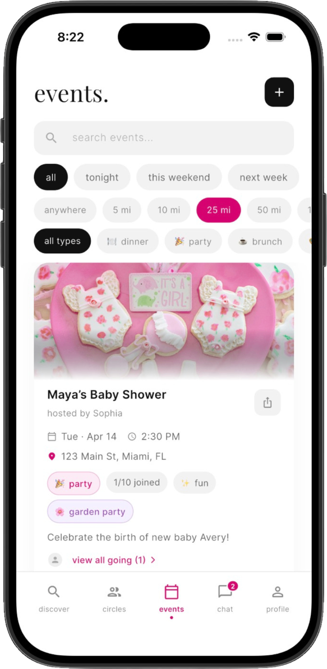 Dear Bestie events screen showing local events for women